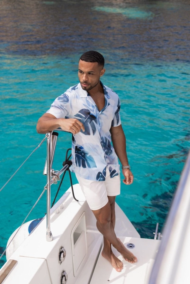 Printed Shirt in Blue Blurred Palm Leaves