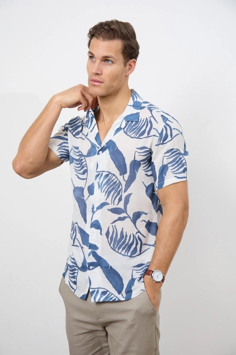 Printed Shirt in Blue Inky Leaves