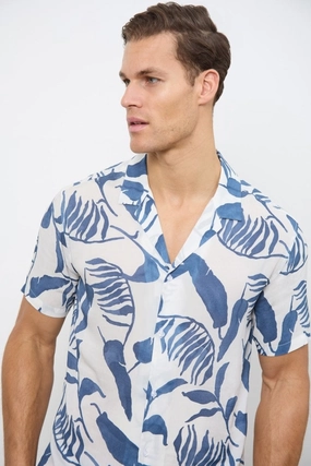 Printed Shirt in Blue Inky Leaves
