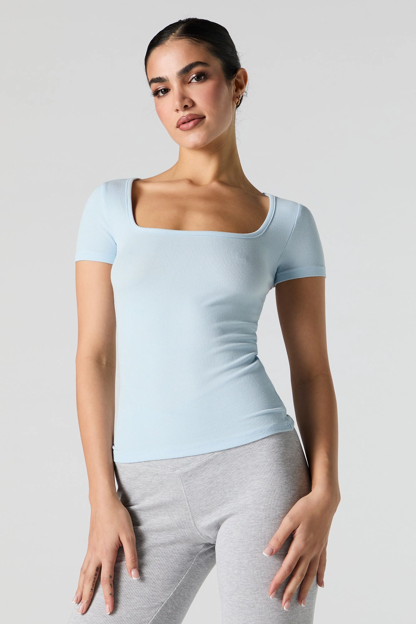 Ribbed Square Neck Fitted T-Shirt