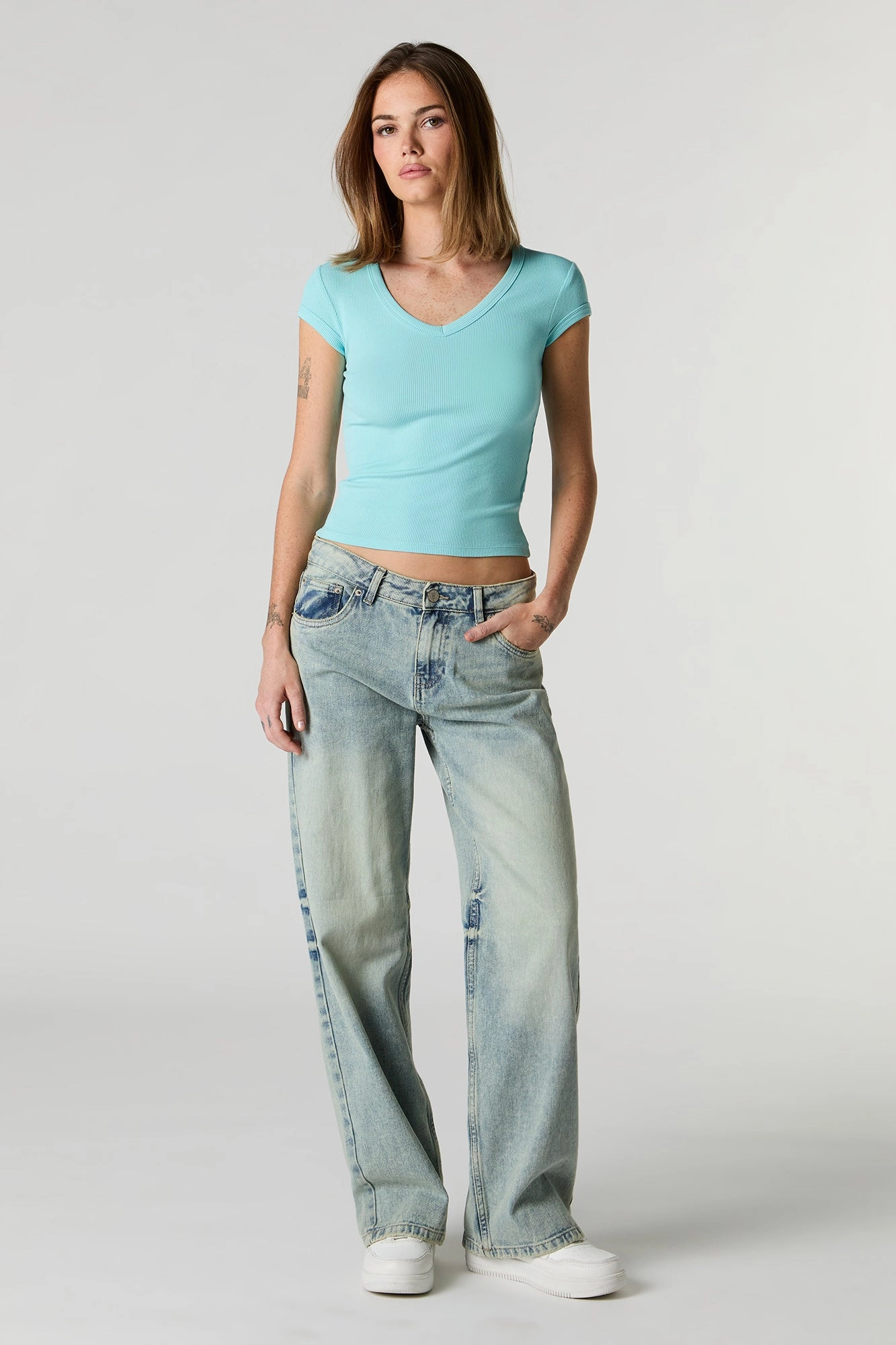 Ribbed V-Neck Fitted T-Shirt
