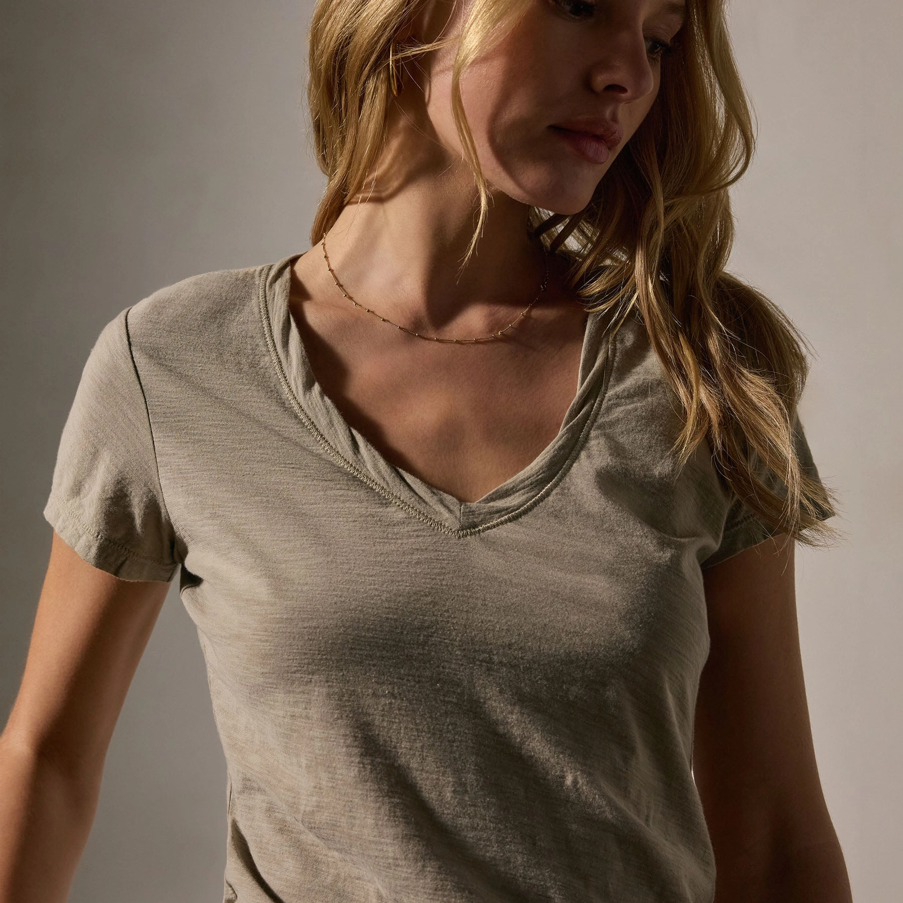 Sheer Slub Casual V Neck - Overcast