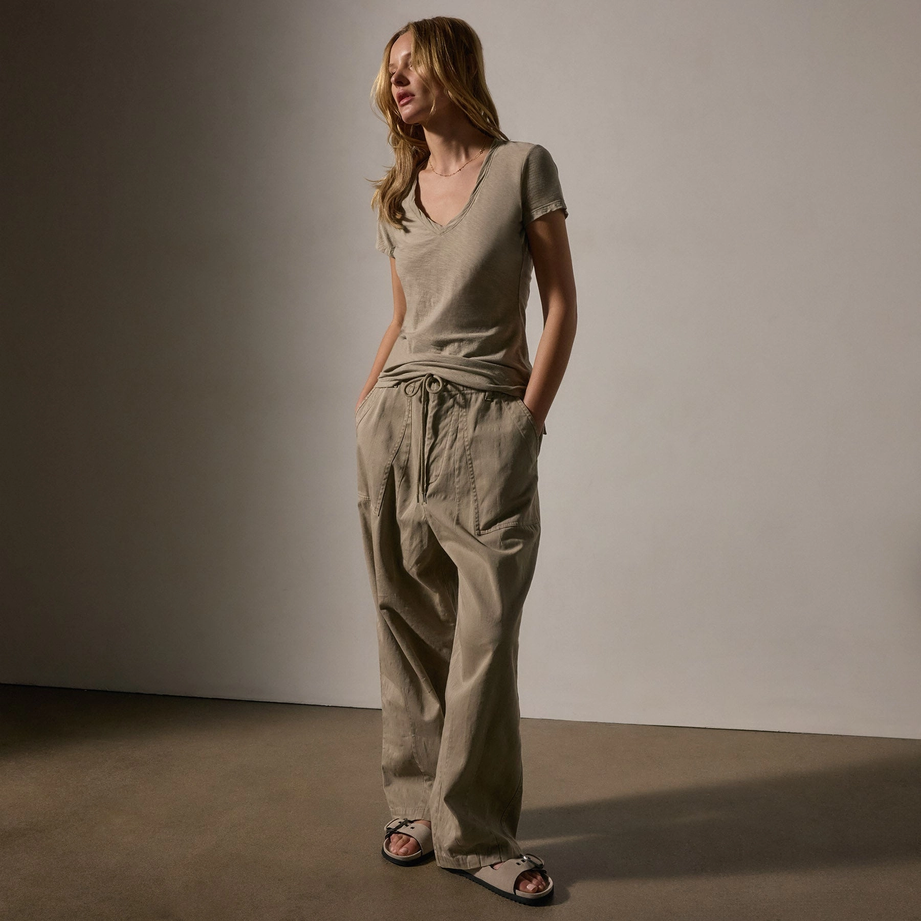 Sheer Slub Casual V Neck - Overcast