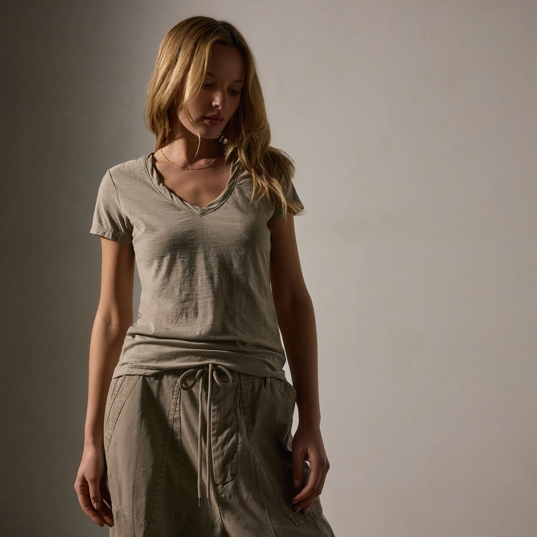 Sheer Slub Casual V Neck - Overcast