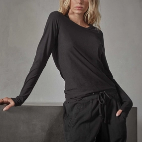 Sheer Slub Long Sleeve Crew - Black