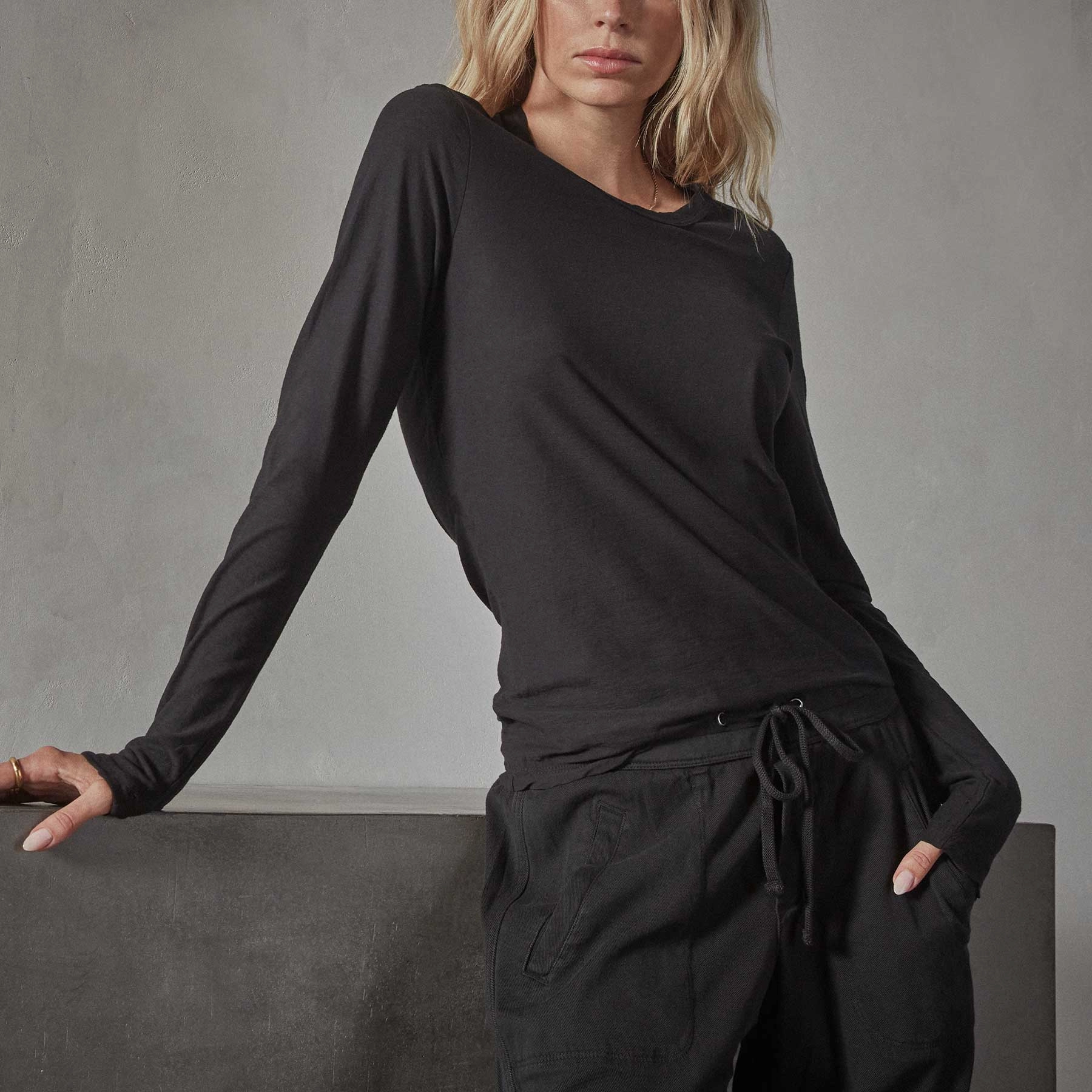 Sheer Slub Long Sleeve Crew - Black