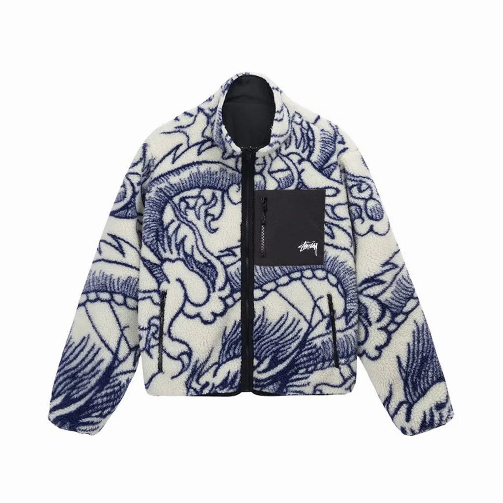 Stussy Reversible Dragon Sherpa Jacket – Natural/ Blue