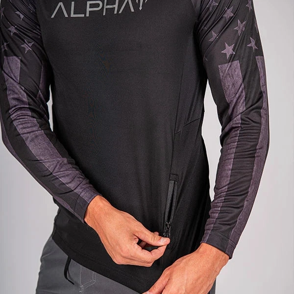 Tactical Long Sleeve Mesh | Black | 2 Sleeve Black Out American Flag | Alpha