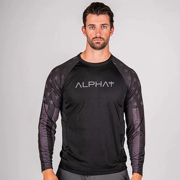 Tactical Long Sleeve Mesh | Black | 2 Sleeve Black Out American Flag | Alpha