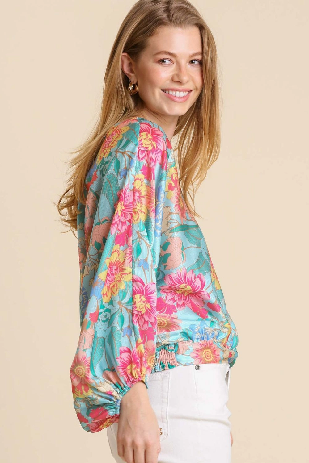Umgee USA Full Size Floral Print Smocked Back Hem V-Neck Blouse Plus Size