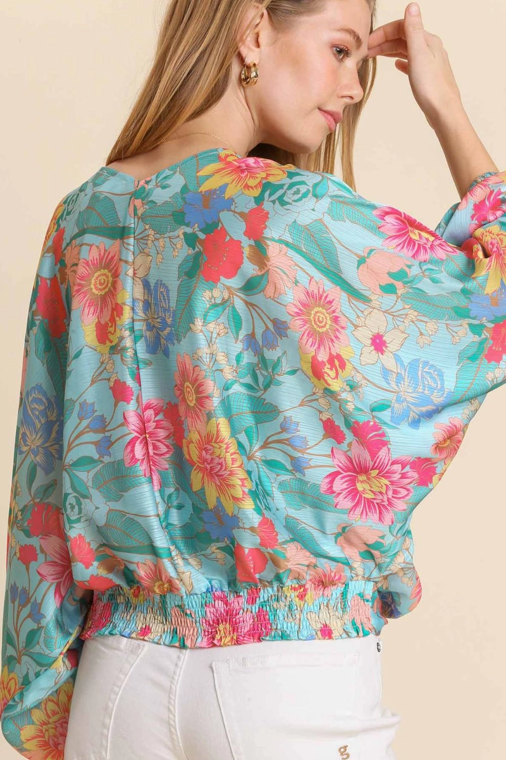 Umgee USA Full Size Floral Print Smocked Back Hem V-Neck Blouse Plus Size