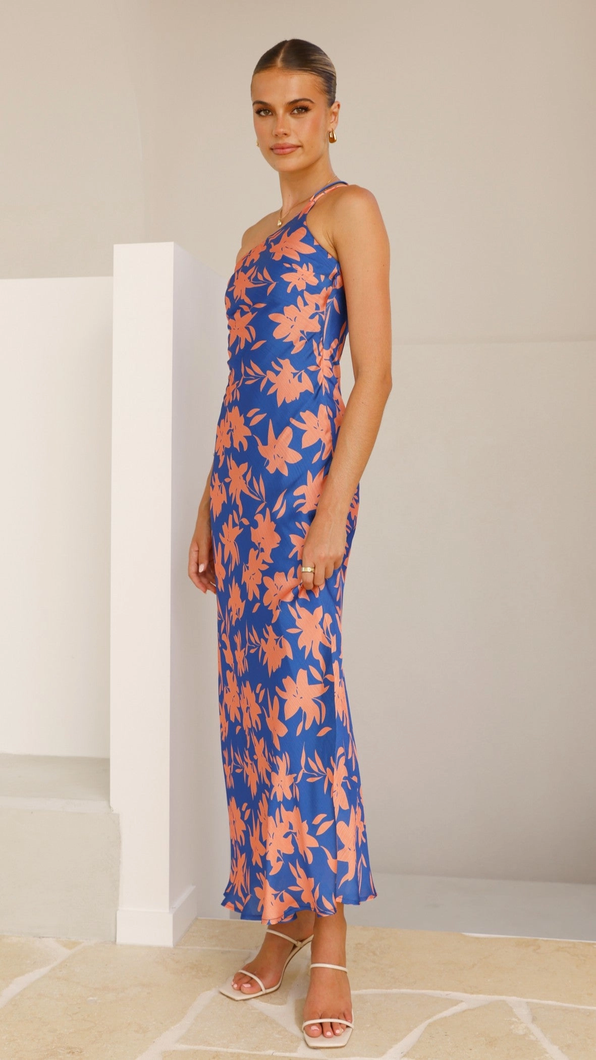 Verity One Shoulder Maxi Dress - Orange/Blue Floral