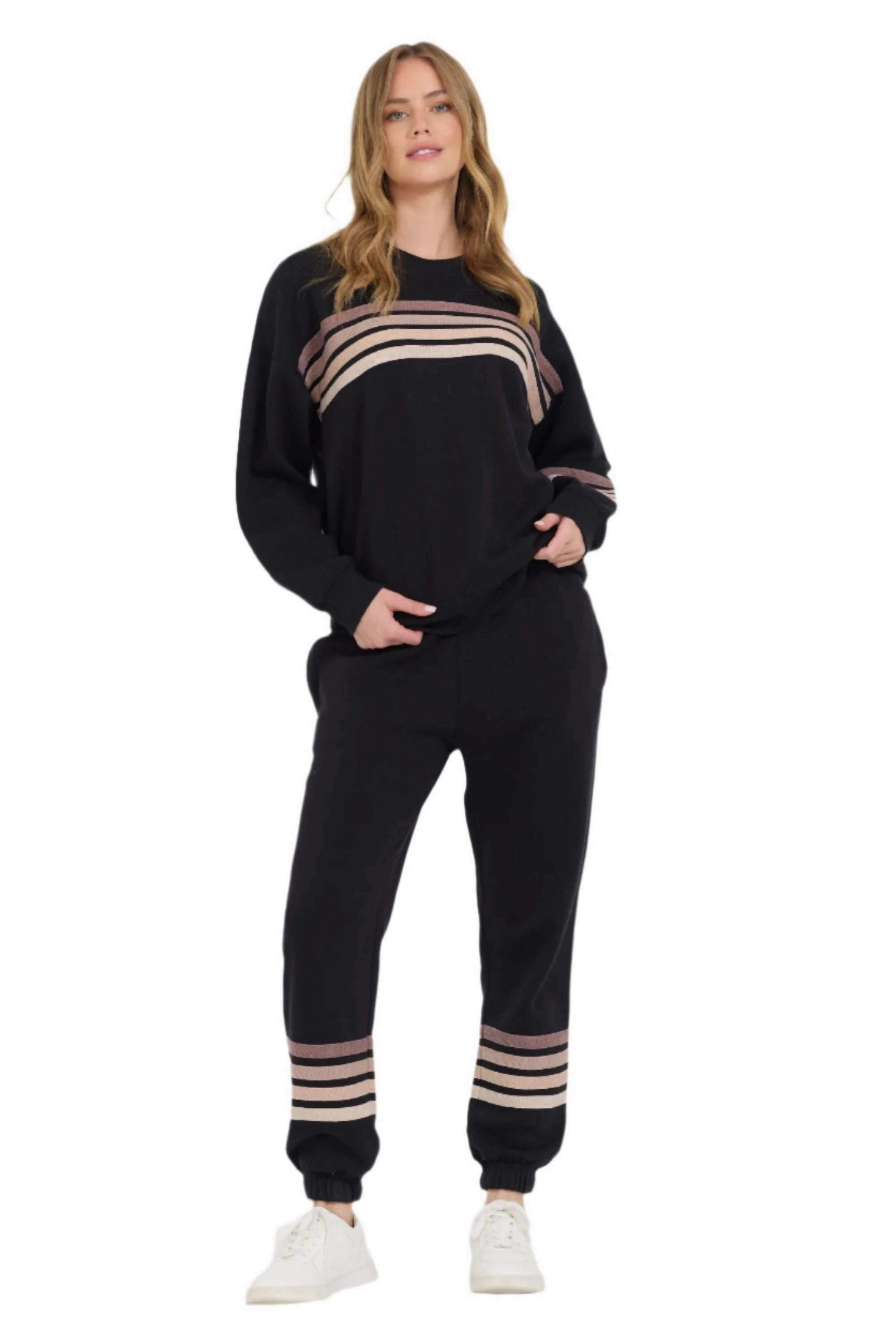Vintage Havana Neutral Stripe Burnout Fleece Crewneck Sweatshirt Black VH12621
