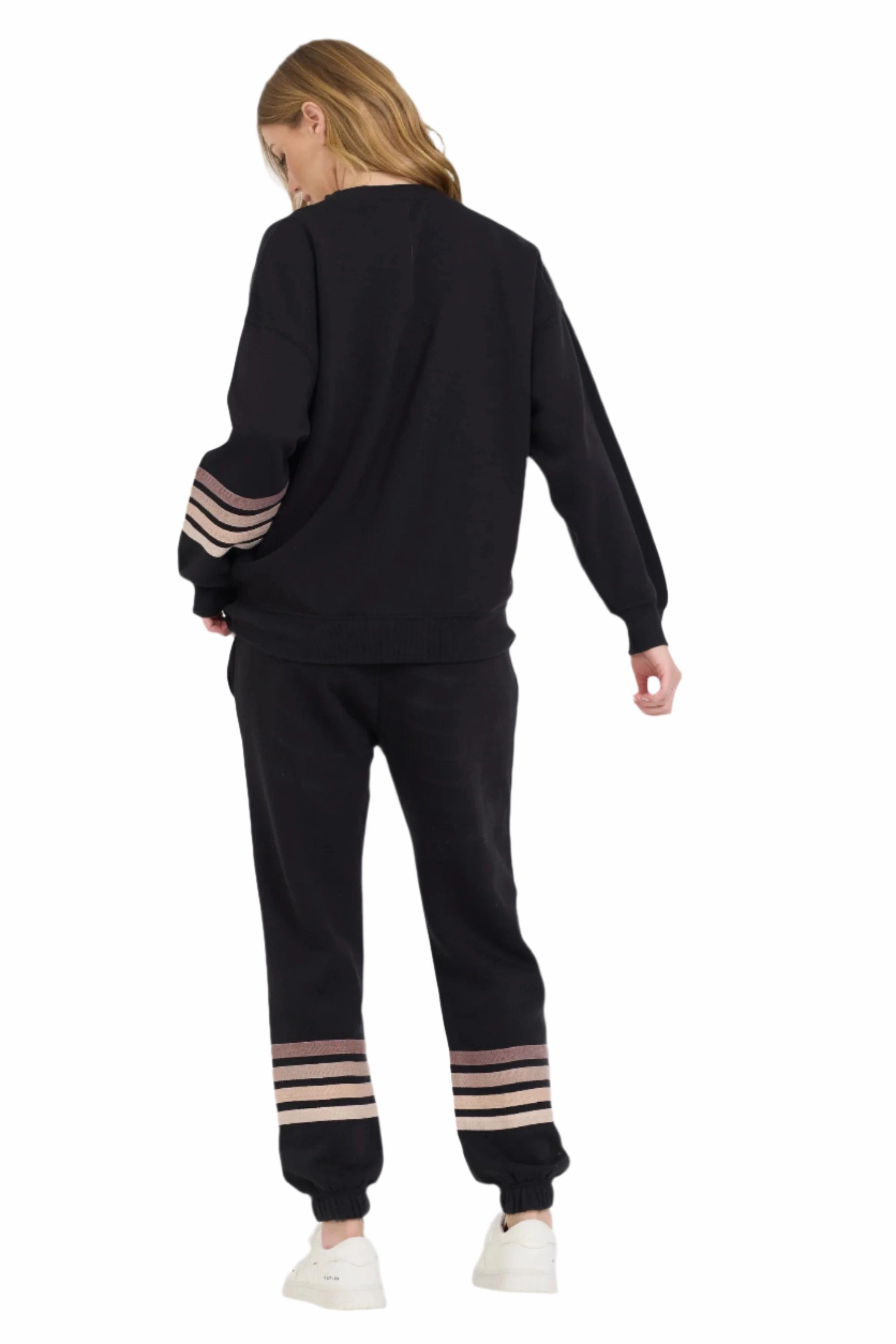 Vintage Havana Neutral Stripe Burnout Fleece Crewneck Sweatshirt Black VH12621