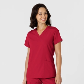 W123 Women's Flex-n-Reach Side Panel V-Neck Scrub Top - Red