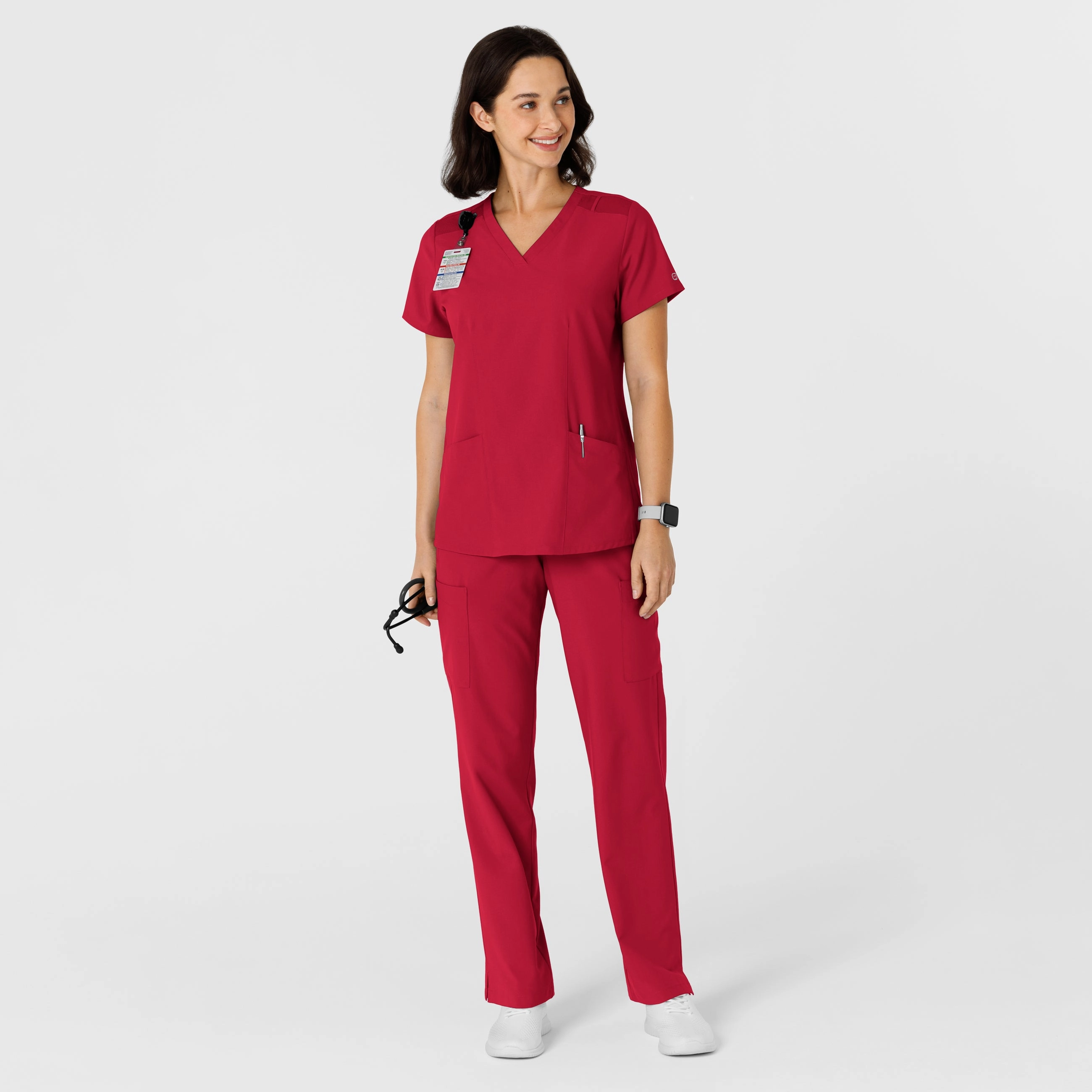 W123 Women's Flex-n-Reach Side Panel V-Neck Scrub Top - Red