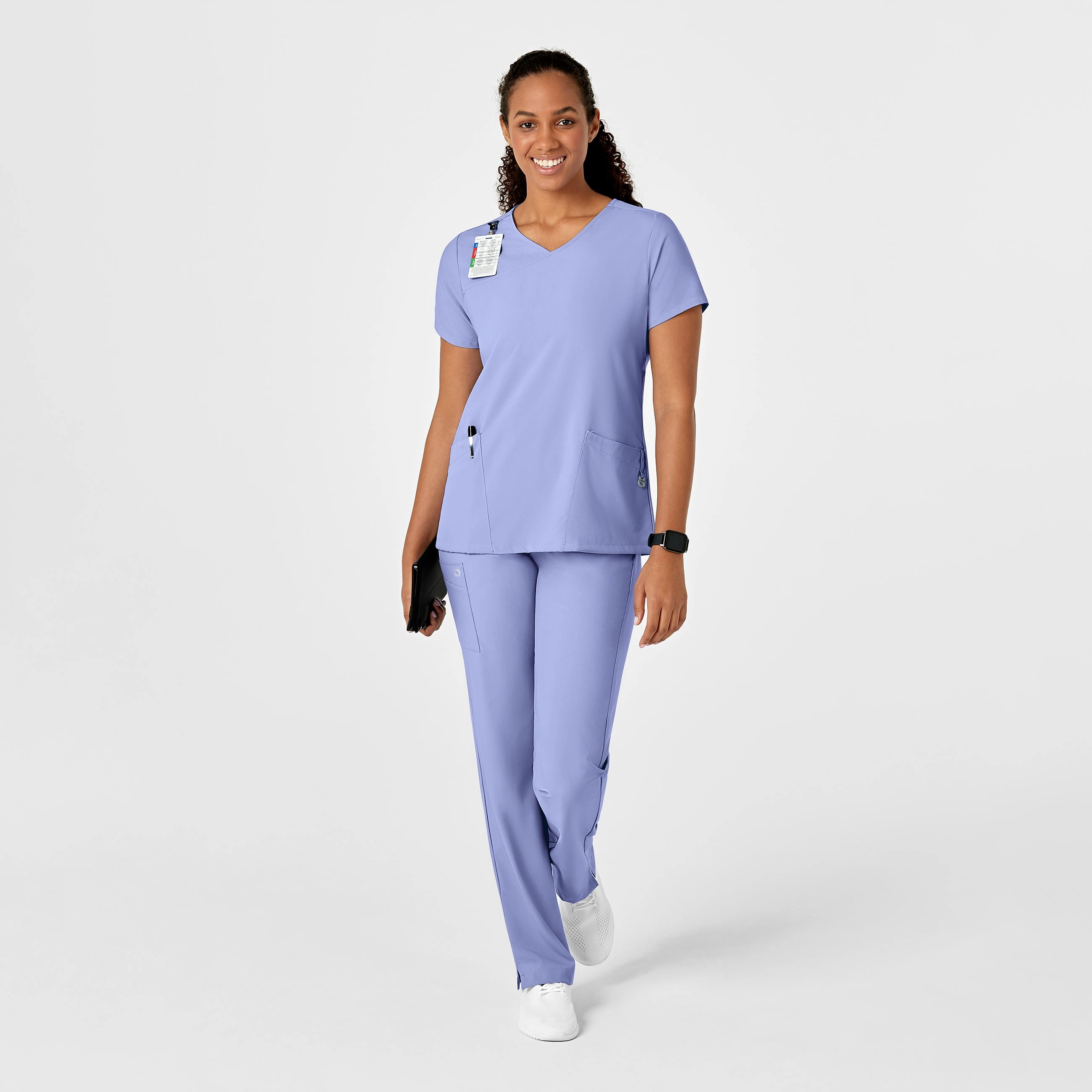 W123 Women's Y-Neck Wrap Scrub Top - Ceil Blue