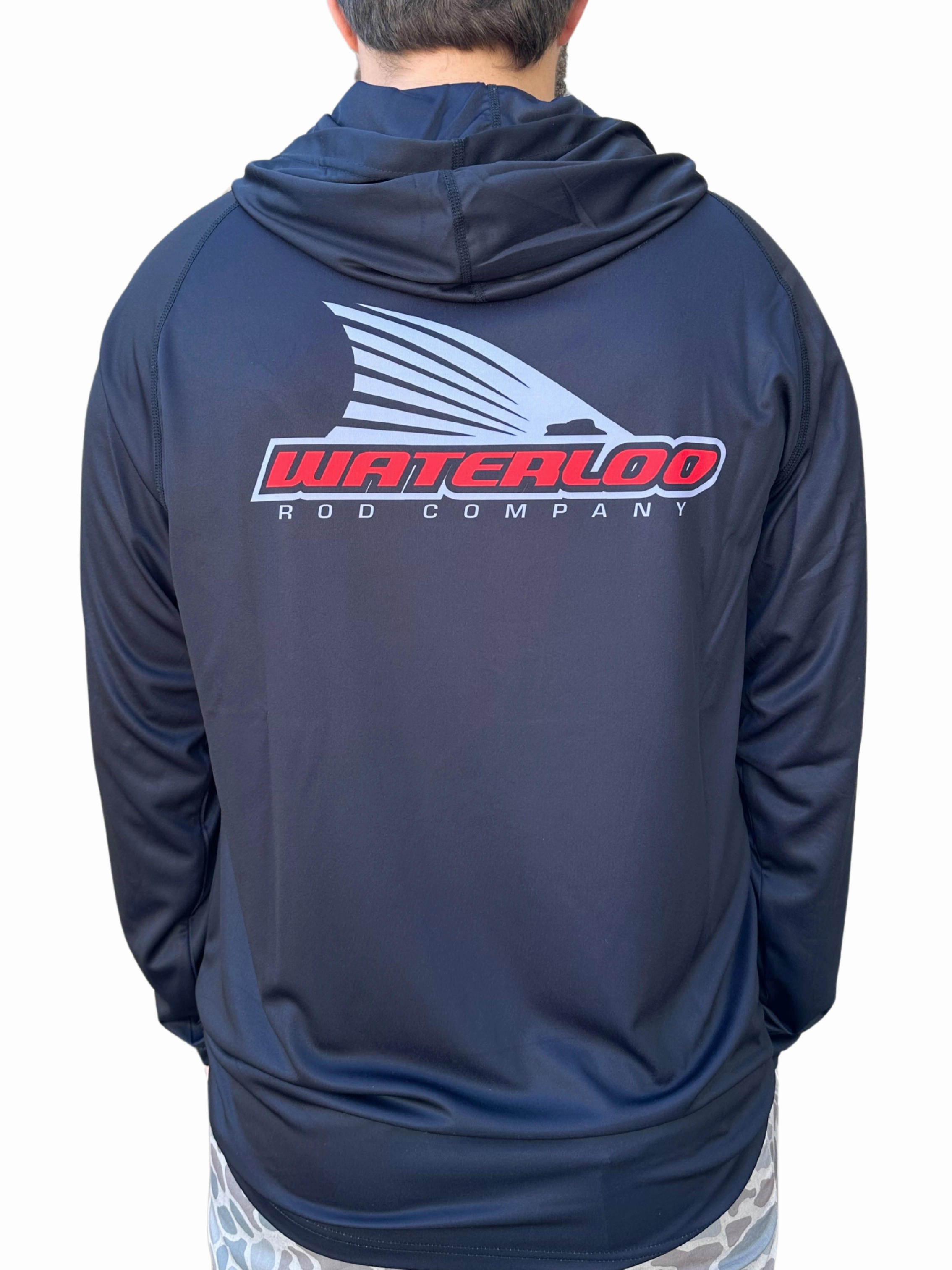 Waterloo Black Hooded Long Sleeve Performance Shirt - Tails Up Logo