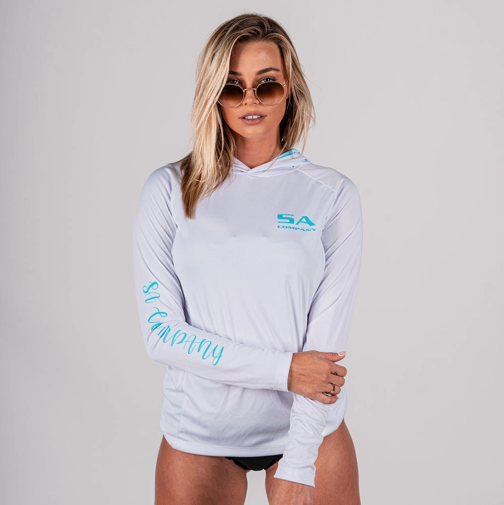 Women's Hooded Performance Long Sleeve Shirt | White | Tidal Waves﻿