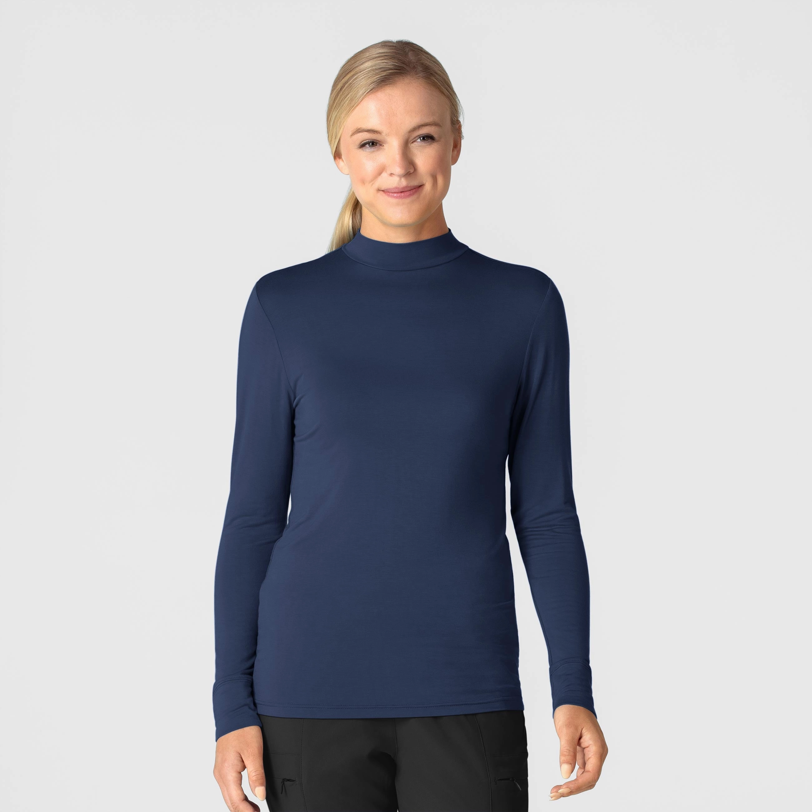 Women’s Long Sleeve Mock Neck Silky Tee - Navy