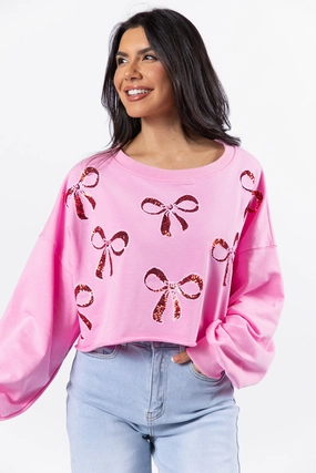 Wrapped Around My Finger Bow Sequin Patch Pink Cropped Sweatshirt FINAL SALE