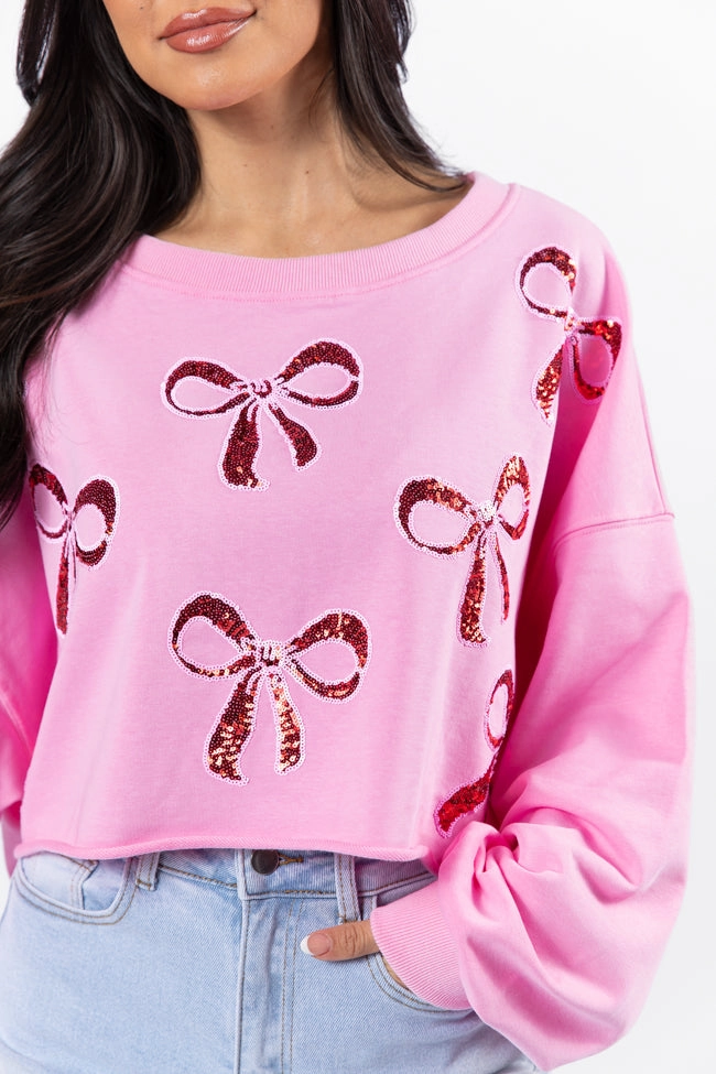 Wrapped Around My Finger Bow Sequin Patch Pink Cropped Sweatshirt FINAL SALE
