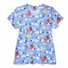 Zoe Chloe Performance V-Neck Print Scrub Top - Sheep Peeps