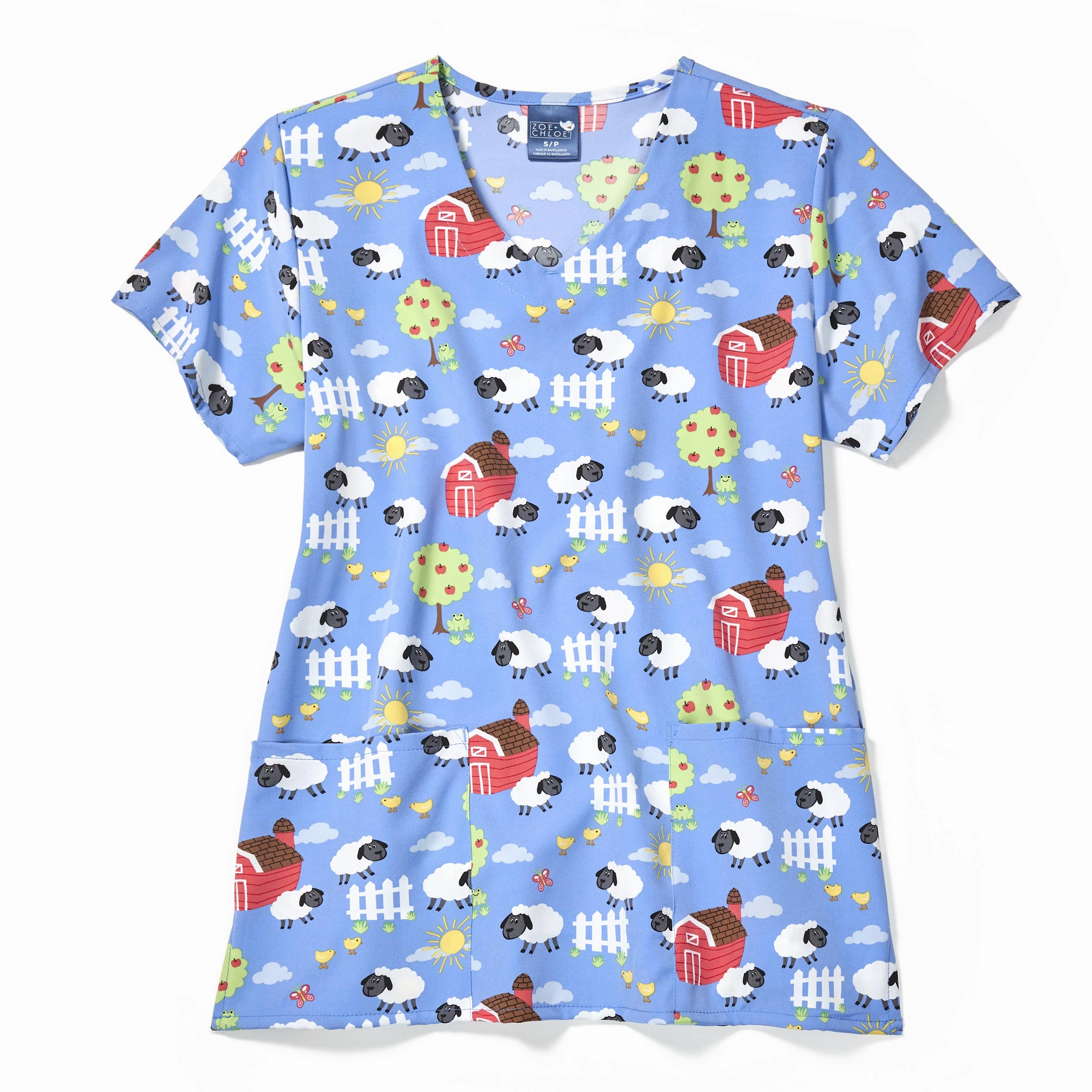 Zoe Chloe Performance V-Neck Print Scrub Top - Sheep Peeps
