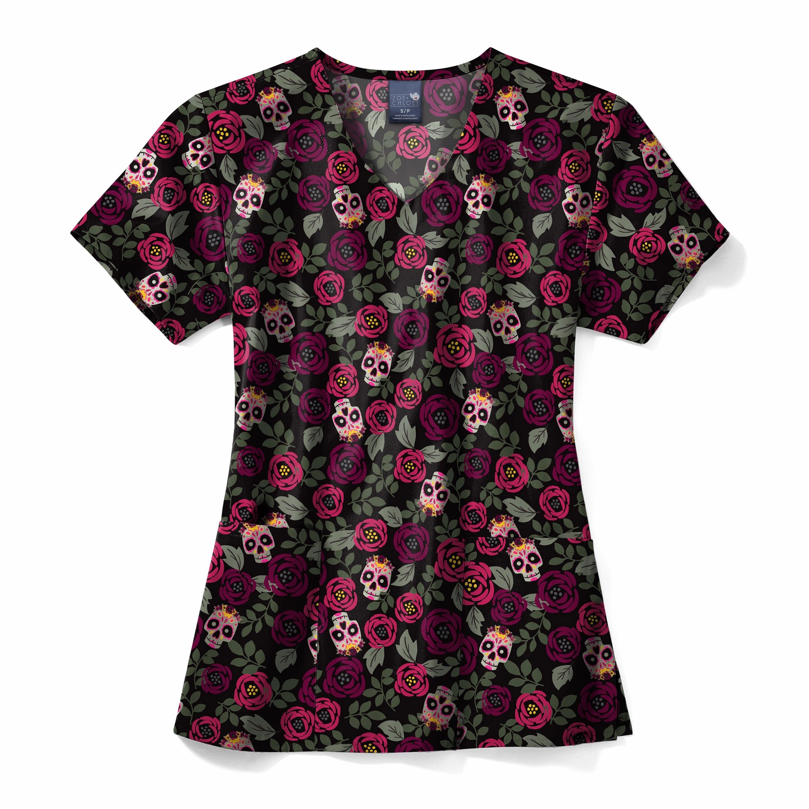 Zoe Chloe Performance V-Neck Print Scrub Top - Sugar Skull Roses