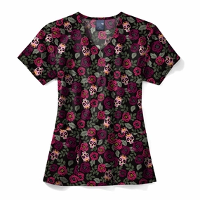 Zoe Chloe Performance V-Neck Print Scrub Top - Sugar Skull Roses